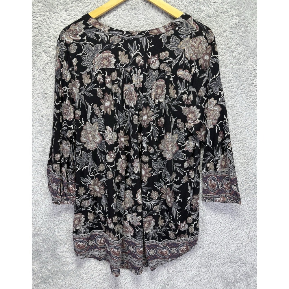 NWT Lucky Brand Womens Black Floral 3/4 Sleeve Tunic Blouse 1X V Neck Boho - Picture 2 of 10